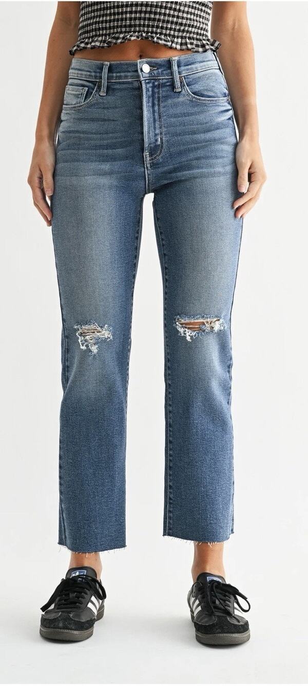 Just Black Denim High Rise Distressed Straight Leg Jeans Raw Frayed Hem 25